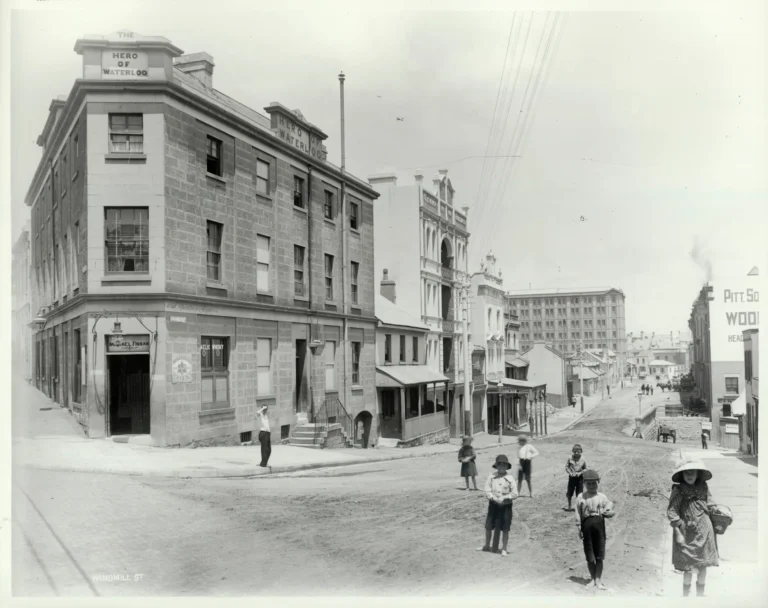 Historic Windmill Street corner with Hero of Waterloo pub building and colonial architecture in The Rocks.