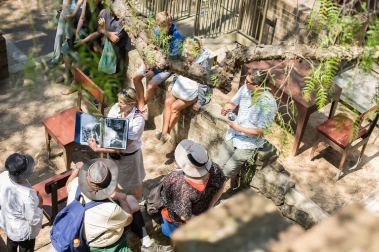 Guide shares historical photographs with tour group in heritage Rocks laneway.
