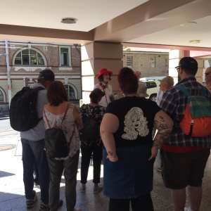 a group of people standing in a room